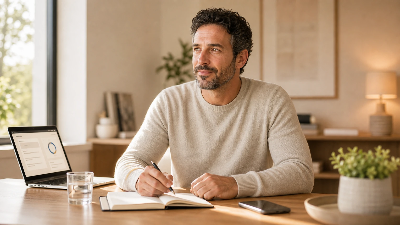 Man journaling at a warm home desk while reviewing a weight-loss support plan